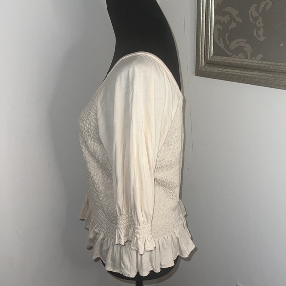 Ann Taylor cream smocked short sleeves cotton modal blend pull over top Sz L - Picture 5 of 7